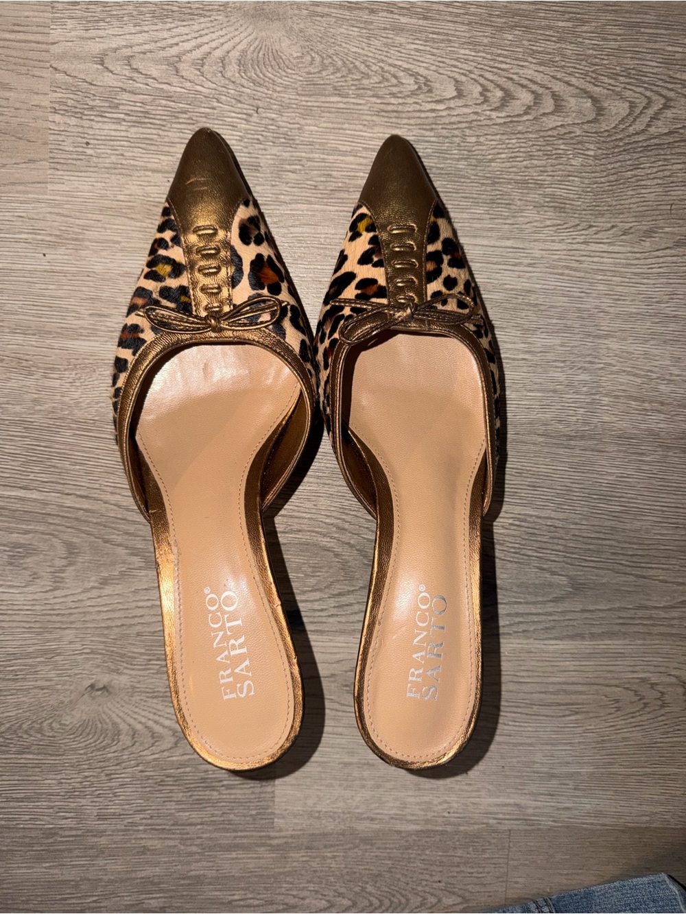 Franco Sarto Leopard Print Pointed Mule with Metallic Gold Toe